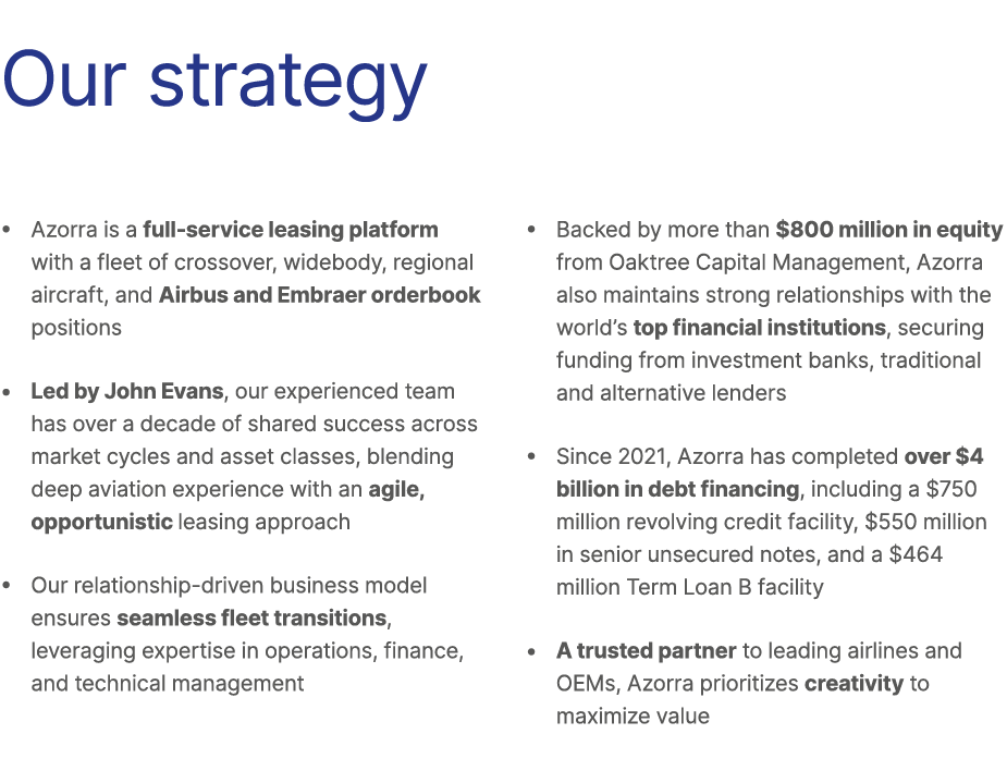 Our strategy • Azorra is a full service leasing platform with a fleet of crossover, widebody, regional aircraft, and ...