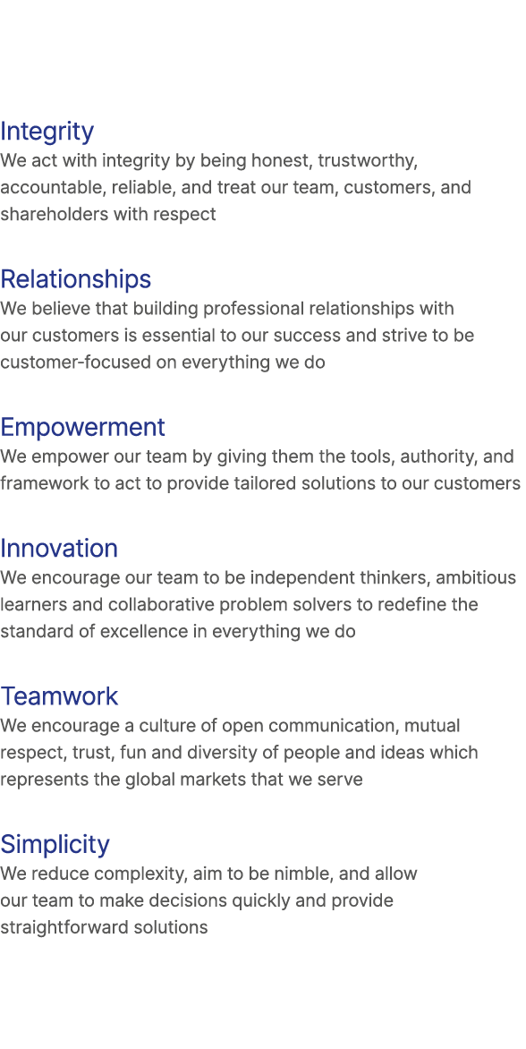 Integrity We act with integrity by being honest, trustworthy, accountable, reliable, and treat our team, customers, a...