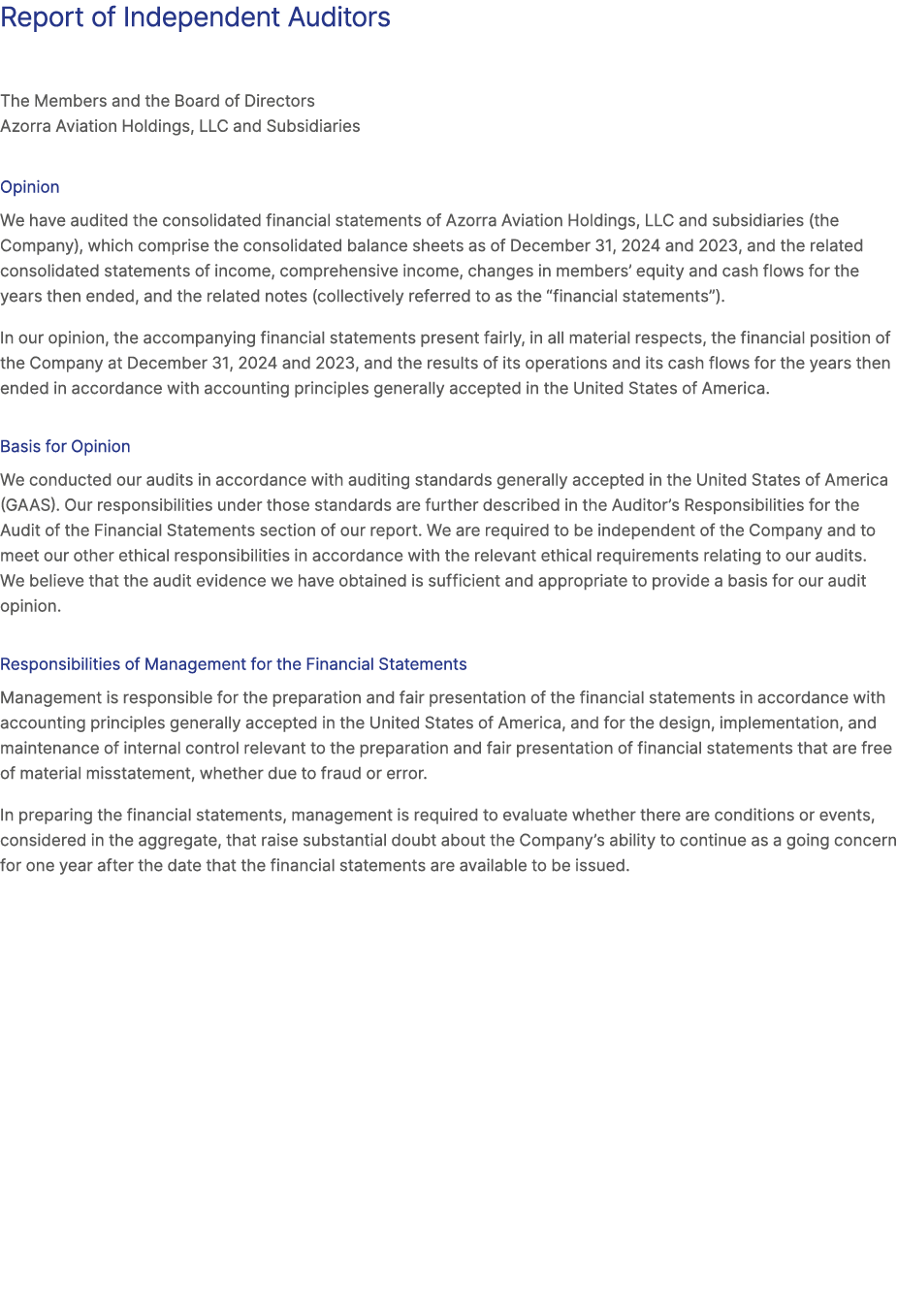 Report of Independent Auditors The Members and the Board of Directors Azorra Aviation Holdings, LLC and Subsidiaries ...