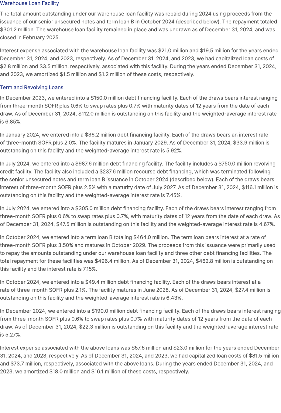Warehouse Loan Facility The total amount outstanding under our warehouse loan facility was repaid during 2024 using p...