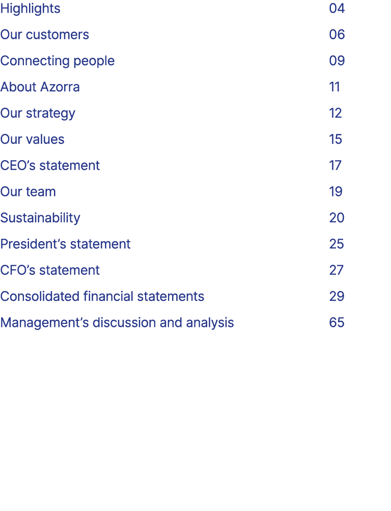 Highlights 04 Our customers 06 Connecting people 09 About Azorra 11 Our strategy 12 Our values 15 CEO’s statement 17 ...