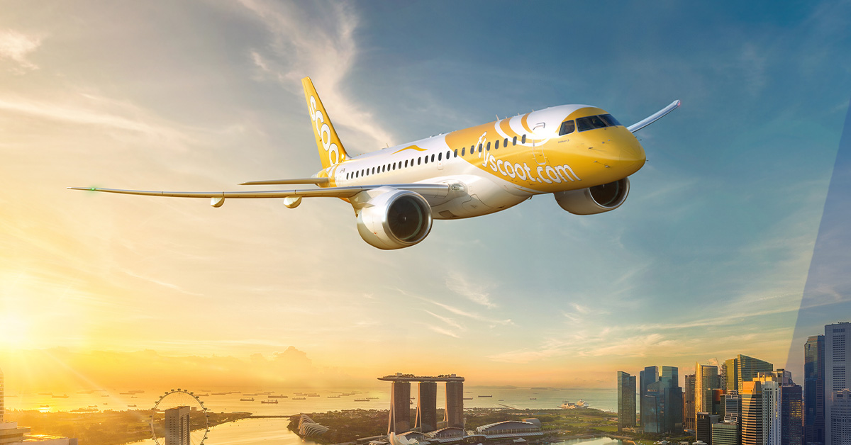 Scoot Airlines Embraer 190E2 flies over Singapore.
